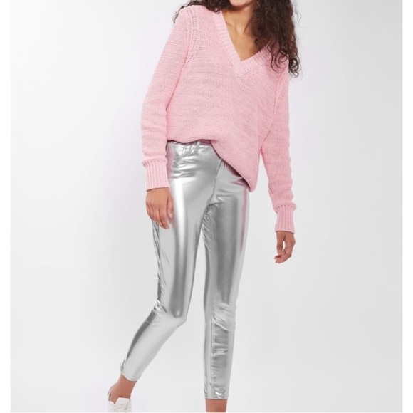 NWOT TopShop Moto Jamie Silver Vinyl Pants Size:26 - Picture 2 of 6